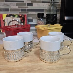 White Porcelain Demitasse Cups with‎ Silver Plated Filigree Holders Set of 4